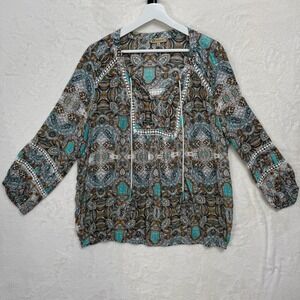 Democracy Blouse Womens L Multi Paisley Boho Split Tie Neck Crochet Lace